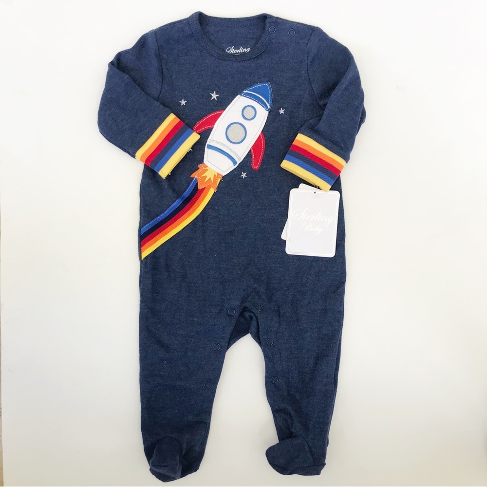 STERLING BABY Blue Rocket Ship Footie Onesie